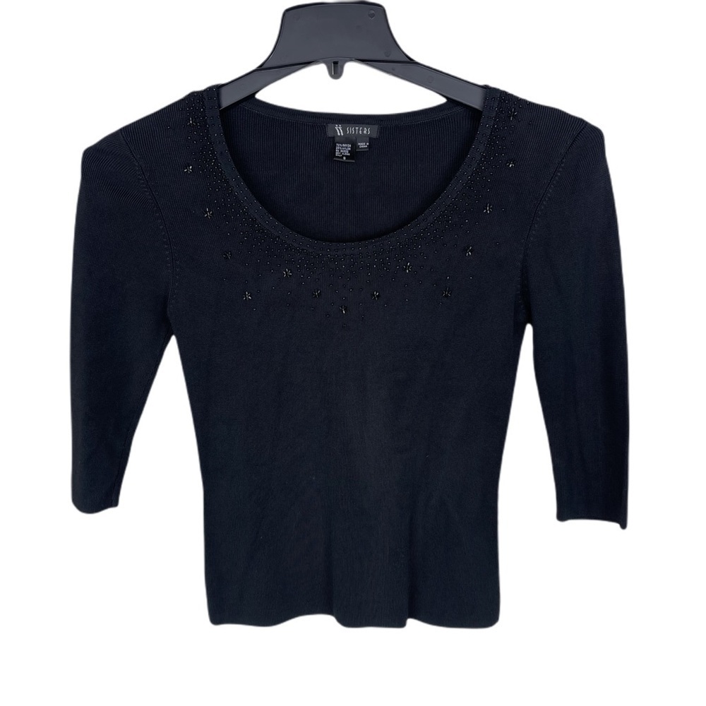 ✅ 77 Sisters Black Beaded Stretch bodycon T-shirt S
